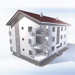 3D-Illustration eines Mehrfamilienhauses mit Balkonen und Fenstern, das eine moderne Architektur darstellt - Umweltfreundlich Heizen