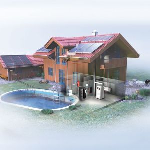 3D-Illustration eines Hauses mit Solarpaneelen auf dem Dach und einem Pool im Vordergrund - Heizen im Eigenheim