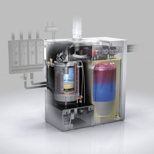 3D-Illustration eines Gasboilers mit einem Tank und einem Schlauch, der die Heizungsanlage darstellt